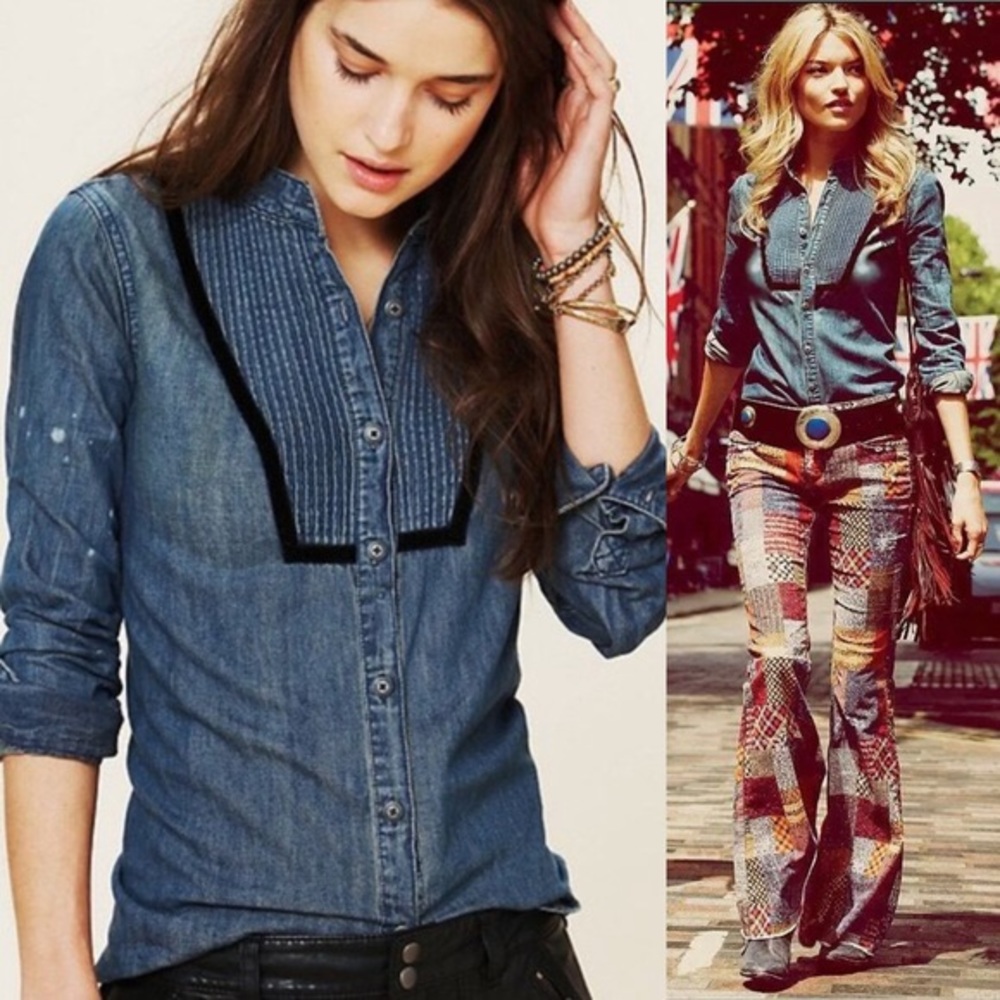 Free People Denim tuxedo shirt w/velvet trim